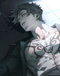 1boy black_hair commentary earrings facial_hair glasses goatee hashtag-only_commentary highres jewelry lying male_focus on_back one_piece panngam9 parted_lips short_hair sideburns sidelighting solo symbol-only_commentary trafalgar_law twitter_username
