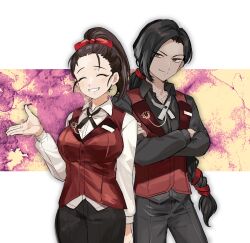 Rule 34 | 1boy, 1girl, black hair, black pants, black shirt, bow, braid, brown eyes, brown hair, closed eyes, collared shirt, commentary, effie (project moon), hair bow, hair ribbon, limbus company, long hair, looking at viewer, medu (rubish), pants, ponytail, project moon, red bow, red vest, ribbon, ribbon braid, saude (project moon), shirt, simple background, standing, upper body, vest, white shirt