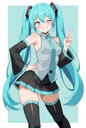 1girl absurdres armpits black_skirt black_sleeves black_thighhighs blue_background blue_eyes blue_hair blue_necktie breasts collared_shirt commentary_request detached_sleeves feet_out_of_frame grey_shirt grin hand_on_own_hip hatsune_miku highres long_hair miniskirt necktie one_eye_closed parted_lips pleated_skirt shiguren_39 shirt simple_background skirt sleeveless sleeveless_shirt small_breasts smile solo standing teeth thighhighs twintails v very_long_hair vocaloid
