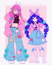 Rule 34 | + +, 2girls, :3, alternate costume, animal ear headphones, animal ears, aubrey (birthday) (omori), aubrey (faraway) (omori), aubrey (headspace) (omori), aubrey (omori), blue bow, blue eyes, blue skirt, blush, bow, braid, character name, charm (object), closed mouth, colored skin, copyright name, crop top, denim, dual persona, fake animal ears, forest bunny? (omori), forest bunny (omori), hair bow, hair ornament, hairclip, happy birthday, headphones, highres, jacket, jeans, kneehighs, long hair, looking at viewer, low twin braids, mr. plantegg (omori), multiple girls, navel, omori, otomerson, pants, pink hair, pink jacket, pink nails, purple eyes, purple hair, rabbit ear headphones, skirt, socks, torn clothes, torn jeans, torn pants, twin braids, twintails, white skin, white socks