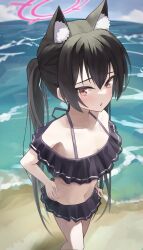 1girl absurdres animal_ear_fluff animal_ears bare_shoulders beach bikini black_bikini black_hair blue_archive breasts cat_ears cat_girl collarbone commentary day extra_ears feet_out_of_frame foreshortening frilled_bikini frills hair_between_eyes halo halterneck hand_on_own_hip highres hsk_pad light_frown long_hair looking_at_viewer navel ocean off-shoulder_bikini off_shoulder official_alternate_costume outdoors pink_halo red_eyes serika_(blue_archive) serika_(swimsuit)_(blue_archive) small_breasts solo standing straight_hair swimsuit twintails very_long_hair