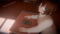 1boy 3d absurdres blender_(medium) blue_eyes brown_hair cappyadams classroom heartie_atakiyo highres male_focus original sad school_uniform self-upload short_hair signature solo