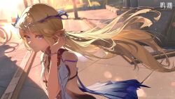 1girl bare_shoulders black_collar blonde_hair blue_eyes breasts cartethyia_(wuthering_waves) closed_mouth collar copyright_notice crown_of_thorns earrings game_cg highres jewelry logo long_hair looking_at_viewer missing_commentary necklace official_art parted_bangs pointy_ears small_breasts smile solo tabard tacet_mark_(wuthering_waves) upper_body white_tabard wuthering_waves
