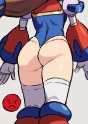 1girl android ass blue_leotard brown_hair chiwino emoji from_behind gloves iris_(mega_man) joints legs leotard long_hair low-tied_long_hair mega_man_(series) mega_man_x4 mega_man_x_(series) robot_joints simple_background solo thick_thighs thighhighs thighs thong_leotard very_long_hair white_gloves white_thighhighs