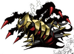 bad_id bad_pixiv_id claws creatures_(company) darkrai game_freak gen_1_pokemon gen_4_pokemon giratina glowing glowing_eye highres legendary_pokemon looking_ahead mythical_pokemon nintendo open_mouth orrdriver pokemon red_eyes sketch solo_focus staryu tail white_background