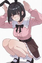 1girl animal_ear_hairband animal_ears arms_up bags_under_eyes belt black_belt black_bow black_bowtie black_choker black_hair black_shoes blunt_bangs bow bowtie breasts brown_skirt center_frills choker collar commentary contrast_collar english_commentary fake_animal_ears frilled_collar frilled_shirt frilled_skirt frilled_socks frills full_body grin hair_intakes hairband heart heart_choker high-waist_skirt high_heels highres jirai_kei knees legs long_sleeves looking_at_viewer medium_breasts medium_hair multiple_belts open_hands original pink_shirt rabbit_ear_hairband rabbit_ears rabbit_pose raliele_(raliele_(terenazal)) raliele_(terenazal) red_eyes shirt shoes simple_background skirt sleeve_cuffs smile socks solo squatting teeth thighs white_background white_socks