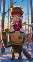 Rule 34 | 1girl, :d, absurdres, ahoge, arm support, bare tree, blue skirt, blue sky, blurry, blurry foreground, blush, bow, brown hair, clannad, commentary request, day, depth of field, female focus, fur-trimmed jacket, fur trim, hair bow, heart, highres, jacket, kneehighs, long sleeves, looking at viewer, off shoulder, okazaki ushio, open mouth, outdoors, pink shirt, pleated skirt, red jacket, robot, scarf, shirt, sitting, skirt, sky, smile, snow, socks, solo, teeth, tree, upper teeth only, white socks, yellow bow, yellow eyes, yellow scarf, yuhuan