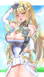 1girl bare_shoulders blonde_hair blush breasts chest_jewel cleavage cleavage_cutout clothing_cutout core_crystal_(xenoblade) cowboy_shot dress earrings highres jewelry large_breasts meipasuye mythra_(xenoblade) solo summer sweat tiara white_dress xenoblade_chronicles_(series) xenoblade_chronicles_2 yellow_eyes