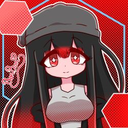 1girl bare_shoulders beanie black_hair black_jacket bonbon_(bonzomcbonbon) breasts bright_pupils closed_mouth colored_eyelashes cross-shaped_pupils facing_viewer gradient_background grey_hat grey_shirt halftone halftone_background hat jacket large_breasts long_hair looking_at_viewer open_clothes open_jacket original red_background red_eyes shirt sidelocks signature smile solo soy_(bonzomcbonbon) symbol-shaped_pupils upper_body white_pupils