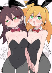 Rule 34 | 2girls, absurdres, animal ears, bare shoulders, black leotard, blonde hair, blush, breasts, breath, brown hair, buzzlyears, cleavage, earrings, fake animal ears, fake tail, green eyes, highres, jewelry, leotard, long hair, medium breasts, mega man (series), mega man legends (series), multiple girls, rabbit ears, rabbit tail, roll caskett (mega man), simple background, skull earrings, strapless, strapless leotard, tail, tron bonne (mega man), white background
