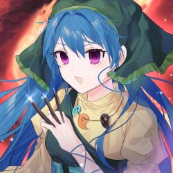 Rule 34 | 1girl, anllouser, apron, blue hair, chisel, dress, green apron, green headscarf, green headwear, green scarf, haniyasushin keiki, headscarf, highres, jewelry, long hair, magatama, magatama necklace, necklace, open mouth, purple eyes, scarf, signature, single strap, tools, touhou, yellow dress