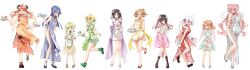 Rule 34 | 6+girls, :d, ahoge, akatsuki kirika, amou kanade, apron, aqua eyes, arms behind back, bare legs, black footwear, black hair, blonde hair, blue apron, blue bow, blue dress, blue hair, blush, boots, bow, bra, braid, braided ponytail, breasts, brown eyes, brown hair, carol malus dienheim, china dress, chinese clothes, cleavage, cone hair bun, covering ass, covering privates, cross-laced footwear, dress, embarrassed, floral print, green apron, green bra, green eyes, green skirt, grey footwear, grey hair, hair between eyes, hair bow, hair bun, hair ornament, high heels, highres, holding, holding plate, kazanari tsubasa, kohinata miku, lanlanlap, leaning forward, long hair, maria cadenzavna eve, miniskirt, multiple girls, open mouth, orange apron, orange dress, pink apron, pink bow, pink dress, pink hair, plate, purple apron, purple dress, purple eyes, red apron, red dress, red footwear, red hair, see-through clothes, see-through dress, senki zesshou symphogear, serena cadenzavna eve, side slit, simple background, single braid, skirt, small breasts, smile, standing, standing on one leg, sweatdrop, tachibana hibiki (symphogear), tsukuyomi shirabe, twintails, underwear, very long hair, white apron, white background, x hair ornament, yellow bow, yukine chris