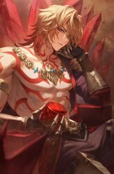 Rule 34 | 1boy, abs, arm tattoo, armlet, bare pectorals, black coat, black pants, blonde hair, braid, chest tattoo, coat, cup, facial tattoo, gold necklace, gradient hair, hair between eyes, hashtag-only commentary, head rest, highres, holding, holding cup, honkai: star rail, honkai (series), jewelry, looking at viewer, male focus, medium hair, multicolored hair, mydei (honkai: star rail), necklace, open clothes, open coat, pants, pectorals, red hair, red tattoo, side braid, solo, tattoo, togo 111, toned, toned male, yellow eyes