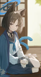1girl absurdres animal_ears barefoot black_choker black_hair blue_archive blue_haori blue_neckerchief blue_sailor_collar blue_skirt cat_ears cat_girl cat_tail choker closed_mouth grey_eyes haimaotuanzi halo haori highres japanese_clothes kikyou_(blue_archive) looking_at_viewer neckerchief own_hands_together parted_bangs sailor_collar school_uniform shirt short_hair sitting skirt solo tail white_shirt