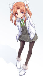 1girl adapted_costume arms_behind_back black_pantyhose boots brown_hair collared_shirt dress_shirt full_body fur-trimmed_boots fur-trimmed_jacket fur_trim gradient_background grey_skirt grey_vest hair_ribbon jacket kagerou_(kancolle) kagerou_kai_ni_(kancolle) kakizaki_(chou_neji) kantai_collection leaning_forward long_hair pantyhose pleated_skirt purple_eyes ribbon shirt skirt solo twintails vest white_boots white_jacket white_ribbon white_shirt