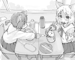 2girls animal_hands bento body_fur cat_girl chopsticks classroom claws desk fangs fork furry furry_female greyscale holding holding_chopsticks holding_fork indoors kikurage_(crayon_arts) looking_at_viewer monochrome multiple_girls original school_desk school_uniform serafuku short_hair sitting skirt tail v window