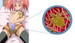 Rule 34 | 00s, 1girl, blue panties, blush, breasts, bug, capcom, climax entertainment, close-up, clothes lift, dinosaur king, goggles, hand in panties, itchy, panties, parasite, pubic hair, red hair, scratching, sega, shirt lift, shorts, small breasts, tatsuno malm, thighhighs, underwear