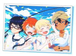 4boys akira_agarkar_yamada animal bird black-framed_eyewear black_necktie blonde_hair blue_sky closed_eyes closed_mouth cloud collared_shirt commentary_request dark-skinned_male dark_skin day double_v duck fishing_rod glasses haru_(tsuritama) holding holding_animal male_focus multiple_boys nagare750 necktie open_mouth photo_(object) red_hair red_necktie sanada_yuki shirt sky tsuritama turban usami_natsuki v watch white_shirt wristwatch