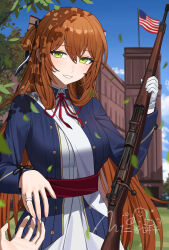 1girl absurdres american_flag belt blazer blue_jacket bolt_action brown_hair dress girls&#039;_frontline gloves green_eyes gun hair_between_eyes hair_ribbon hair_rings highres jacket jewelry long_hair long_sleeves looking_at_viewer m1903_springfield outdoors ponytail red_belt ribbon rifle ring sidelocks sidelocks_tied_back simobulanka smile springfield_(girls&#039;_frontline) tree weapon wedding_ring white_dress white_gloves