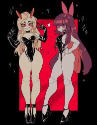 2boys androgynous android ankle_strap ass bow bulge choker dizzyspells doll_joints elbow_gloves feminine full_body gloves hair_bow high_heels highres hime_cut joints leotard long_hair looking_at_viewer multiple_boys original pectorals shiny_clothes sweat thighs