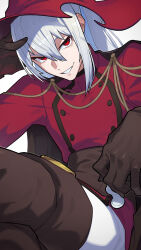1boy aiguillette asymmetrical_sidelocks boots brown_boots brown_gloves buttons commission cowboy_shot crossed_legs double-breasted fanged_bangs foreshortening gloves grin hair_between_eyes hand_on_own_head hat hata4564 highres jacket long_hair male_focus original pants red_eyes red_hat red_jacket sanpaku simple_background sitting skeb_commission smile solo thigh_boots torn_clothes torn_hat v-shaped_eyebrows white_background white_hair white_pants witch_hat