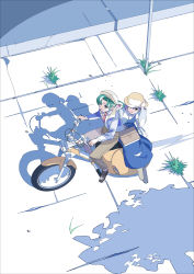 2girls absurdres android bag blue_dress blue_jacket brown_gloves brown_pants collared_jacket collared_shirt day dress driving earrings edoya_inuhachi full_body gloves grass green_eyes green_hair hair_ribbon hat hatsuseno_alpha high-waist_pants highres holding holding_bag holding_unworn_clothes holding_unworn_hat jacket jewelry long_sleeves motor_vehicle multiple_girls multiple_riders necktie one_eye_closed open_clothes open_jacket open_mouth outdoors pants pink_ribbon ponytail purple_eyes purple_hair ribbon riding_scooter road scooter shadow shirt short_hair takatsu_kokone unworn_hat unworn_headwear vespa white_jacket white_shirt yokohama_kaidashi_kikou