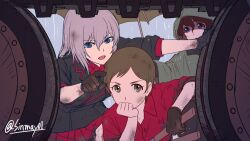 Rule 34 | 3girls, akaboshi koume, black gloves, black jacket, blue eyes, brown eyes, brown hair, commentary request, dirty, dirty clothes, dress shirt, frown, girls und panzer, gloves, grey hair, head rest, highres, holding, itsumi erika, jacket, kojima emi, kuromorimine military uniform, long sleeves, looking at viewer, medium hair, military, military uniform, military vehicle, motor vehicle, multiple girls, one-hour drawing challenge, open mouth, pleated skirt, pointing, rain, raincoat, red shirt, red skirt, shinmai (kyata), shirt, short hair, skirt, sleeves rolled up, tank, twitter username, umbrella, very short hair, wet, wet hair, wing collar