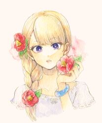 1girl alternate_costume blonde_hair blunt_bangs bracelet braid bright_pupils collarbone commentary_request dragon_quest dragon_quest_xi flower flower_request hair_flower hair_ornament holding holding_flower jewelry looking_down mnnem painting_(medium) parted_lips purple_hair red_flower shirt single_braid solo traditional_media upper_body veronica_(dq11) watercolor_(medium) white_pupils white_shirt
