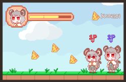 114514_(meme) 2girls alternate_color animal_ears blush border brown_border capelet cheese cookie_(touhou) crystal dress fake_screenshot food freezemo full_body grass grey_dress grey_hair grey_skirt hair_between_eyes health_bar jewelry kofji_(cookie) long_sleeves looking_afar mouse_ears mouse_girl mouse_tail multiple_girls nazrin nyon_(cookie) open_mouth pendant pixel_art player_2 red_eyes short_bangs short_hair skirt smile standing tail touhou white_capelet
