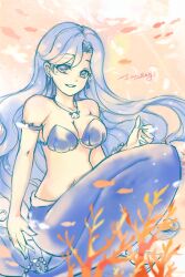1girl air_bubble armlet bare_arms bare_shoulders bead_bracelet beads bikini black_tail blue_bikini blue_eyes blue_hair bracelet breasts bubble cleavage collarbone coral fingernails fins fish fish_tail full_body happy highres jewelry lan_sing large_breasts light_particles long_hair low_neckline mermaid mermaid_melody_pichi_pichi_pitch mole mole_under_eye monster_girl necklace noel_(mermaid_melody_pichi_pichi_pitch) open_mouth orange_background parted_bangs pendant_earring shell shell_bikini shell_necklace signature sitting smile solo stomach strapless strapless_bikini swimsuit tail teeth underwater very_long_hair wavy_hair