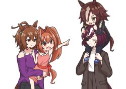 4girls absurdres aged_down agnes_tachyon_(umamusume) ahoge animal_ears brown_hair casual chipushishi commentary daiwa_scarlet_(umamusume) dress earrings eyepatch fang hair_intakes hair_over_one_eye highres horse_ears horse_girl jewelry long_hair medium_hair multiple_girls pointing pointing_at_another short_hair single_earring tanino_gimlet_(umamusume) tongue tongue_out tsurime twintails umamusume vodka_(umamusume)