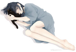 1girl :3 absurdres barefoot bathrobe black_cat black_hair cat full_body grey_eyes highres junito715 looking_at_viewer lying on_side original short_hair smile solo