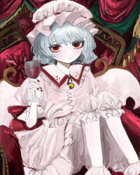 Rule 34 | 1girl, absurdres, alcohol, chair, closed mouth, cup, curtains, expressionless, fingernails, frilled hat, frilled shirt, frilled shirt collar, frilled skirt, frilled sleeves, frills, grey hair, hand up, hat, highres, holding, holding cup, knee up, looking at viewer, mob cap, nail polish, red eyes, red nails, remilia scarlet, sharp fingernails, shirt, short hair, sitting, skirt, solo, touhou, white hat, white shirt, white skirt, wine, xeu 6