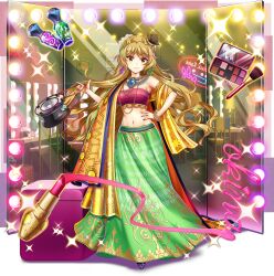 1girl adapted_costume alternate_costume blonde_hair breasts brown_hat cleavage closed_mouth constellation_print drum earrings full_body game_cg green_skirt hand_on_own_hip hat highres indian_clothes instrument jewelry lipstick long_hair looking_at_viewer makeup makeup_brush makeup_palette matara_okina matara_okina_(god_of_the_dressing_room) midriff mini_hat mismatched_earrings navel necklace neon_lights official_art print_skirt red_tube_top rotte_(1109) sari skirt smile solo sparkle standing star_(symbol) strapless sun_print third-party_source touhou touhou_lostword transparent_background tsuzumi tube_top very_long_hair yellow_eyes