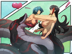 2girls acerok black_hair blue_hair breasts embarrassed extra_arms extra_mouth heart lamia large_breasts long_hair monster_girl multicolored_hair multiple_girls nipples nude red_hair short_hair vore yuri