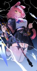 Rule 34 | 1girl, absurdres, animal ears, arknights, black hairband, black jacket, black skirt, blush, braid, breasts, cat ears, cat girl, cat tail, commentary request, electricity, floppy ears, goldenglow (arknights), hairband, highres, infection monitor (arknights), jacket, jumping, large breasts, lightning bolt print, long hair, multicolored jacket, object in pocket, open mouth, pink jacket, pocket, print hairband, scissors, single braid, skirt, solo, songchuan li, tail, thighhighs, thighs, two-tone jacket, white thighhighs, yellow eyes
