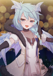 Rule 34 | 1girl, ahoge, blue hair, blue horns, blue wings, braid, crystal horns, crystal tail, crystal wings, dragon girl, dragon horns, dragon tail, dragon wings, fur-trimmed hood, fur-trimmed sleeves, fur trim, gloves, hair between eyes, hood, horns, long hair, open mouth, pointy ears, princess connect!, purple eyes, sheffy (princess connect!), smile, solo, tail, umarutsufuri, wings