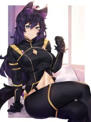 1girl abs absurdres amora_(starnight17) animal_ear_fluff animal_ears arm_support black_gloves black_pants black_shirt blue_eyes borrowed_character breasts clenched_hand commentary commission crossed_legs deccatezu english_commentary facial_mark fur_gloves gem gloves hair_between_eyes hand_up highleg highres indoors long_hair long_sleeves looking_at_viewer medium_breasts midriff navel original pants parted_lips paw_pose purple_gemstone purple_hair shirt sitting smile solo tail v-shaped_eyebrows whisker_markings wolf_ears wolf_girl wolf_tail yellow_shirt
