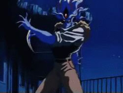 1980s_(style) animated animated_gif araki_hirohiko baoh baoh_raihousha blade blood blue_skin colored_skin cutting death decapitation fighting gun katakana kill lowres machine_gun night oldschool open_mouth retro_artstyle slice soldier subtitle violence weapon yamashita_hidetoshi