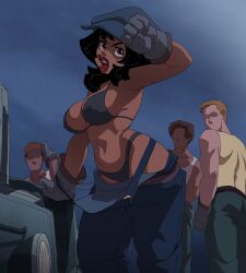 1girl 3boys absurdres atlantis:_the_lost_empire audrey_ramirez black_hair bra breasts brown_eyes dark-skinned_female dark_skin gloves hat highres inker_comics large_breasts medium_hair multiple_boys navel overalls panties red_lips thighhighs thighs underwear