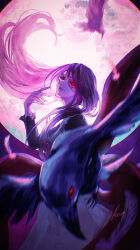 1girl absurdres animal beco_(karikaribaconchan) bird feathers full_moon glasses hand_up highres kamishiro_rize long_hair long_sleeves looking_at_viewer moon night open_mouth outdoors purple_hair red_eyes signature skirt solo tokyo_ghoul