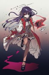 1girl akuyaku_reijou_level_99:_watashi_wa_ura-boss_desu_ga_maou_dewa_arimasen black_eyes black_skirt black_thighhighs closed_mouth collared_shirt commentary_request full_body highres leg_up long_hair long_sleeves looking_at_viewer neck_ribbon purple_hair ribbon shirt shotan skirt solo thighhighs white_shirt yumiella_dolkness