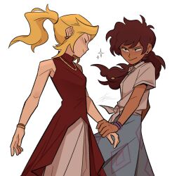 2girls amphibia anne_boonchuy armpits averting_eyes blonde_hair blush bracelet commentary curly_hair dancing dark-skinned_female dark_skin diamond_(shape) dress earrings english_commentary gold_bracelet gold_necklace hand_grab high_ponytail highres jewelry long_hair looking_at_another low_ponytail multiple_girls necklace ponytail red_dress sasha_waybright shimmyoh shirt sidelocks signature smile stud_earrings tied_shirt yuri