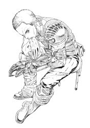 Rule 34 | 1girl, bad id, bad twitter id, boots, canteen, female focus, from above, greyscale, highres, imperator furiosa, kozaki yuusuke, looking at viewer, mad max, mad max: fury road, mechanical arms, monochrome, short hair, simple background, single mechanical arm, sitting, sketch, solo, wiping face
