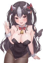 1girl animal_ear_fluff animal_ears bare_shoulders bell black_hair black_leotard bow bowtie breasts brown_eyes cleavage collar collarbone commission covered_navel cow_ears cow_girl cow_horns cow_tail cowbell detached_collar ear_tag fang hair_bow heart heart-shaped_pupils highres horns indie_virtual_youtuber leotard long_hair multicolored_hair niku_nikuo_(nn_nikuo) open_mouth pantyhose red_bow red_bowtie shimofuri_ichibo skeb_commission skin_fang smile solo strapless strapless_leotard symbol-shaped_pupils tail two-tone_hair virtual_youtuber white_collar white_hair white_horns white_wrist_cuffs wrist_cuffs