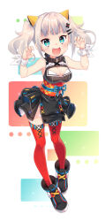 Rule 34 | 1girl, :d, absurdres, bare shoulders, black boots, black dress, blue eyes, boots, breasts, cleavage, cleavage cutout, clothing cutout, commentary request, dress, full body, grey hair, hair ornament, hairclip, hands up, highres, kaguya luna, kusumoto shizuru, medium breasts, obi, open mouth, red thighhighs, sash, sleeveless, sleeveless dress, smile, solo, standing, the moon studio, thighhighs, thighhighs under boots, twintails, virtual youtuber