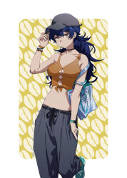 1girl adjusting_clothes adjusting_headwear anime_coloring bag baseball_cap black_choker black_hat black_pants blue_hair bracelet breasts brown_eyes choker closed_mouth coffee_beans commentary cowboy_shot dot_mouth green_shoes hat jewelry leg_up long_hair looking_at_viewer midriff navel original pants rff_(3_percent) shoes shoulder_bag sneakers solo white_background yellow_background
