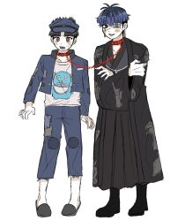 2boys ahoge black_hair blue_eyes blue_hair blush collar collarbone eyepatch full_body japanese_clothes leash looking_at_viewer male_focus maruko_gaku multiple_boys omokage_yugamu one_eye_covered open_mouth red_eyes simple_background slippers the_hundred_line_-last_defense_academy- white_background yaoi