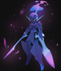 1other absurdres armor black_background ceruledge commentary creatures_(company) embers fire flaming_eye flaming_sword flaming_weapon full_body game_freak ghost glowing glowing_sword glowing_weapon highres nintendo pink_eyes pokemon pokemon_(creature) purple_armor purple_fire star_(sky) sword weapon yasaikakiage