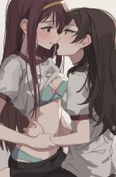 Rule 34 | 2girls, absurdres, black hair, black shoes, blush, bra, girl on top, gym shirt, gym shorts, gym uniform, hair ornament, hairband, hairclip, hand on another&#039;s arm, hands on another&#039;s hips, hano9789, highres, idolmaster, idolmaster million live!, imminent kiss, kitazawa shiho, long hair, multiple girls, panties, red eyes, red hair, shirt, shoes, shorts, simple background, sweatdrop, tanaka kotoha, underwear, undressing, white background, white shirt, yellow eyes, yellow hairband, yuri